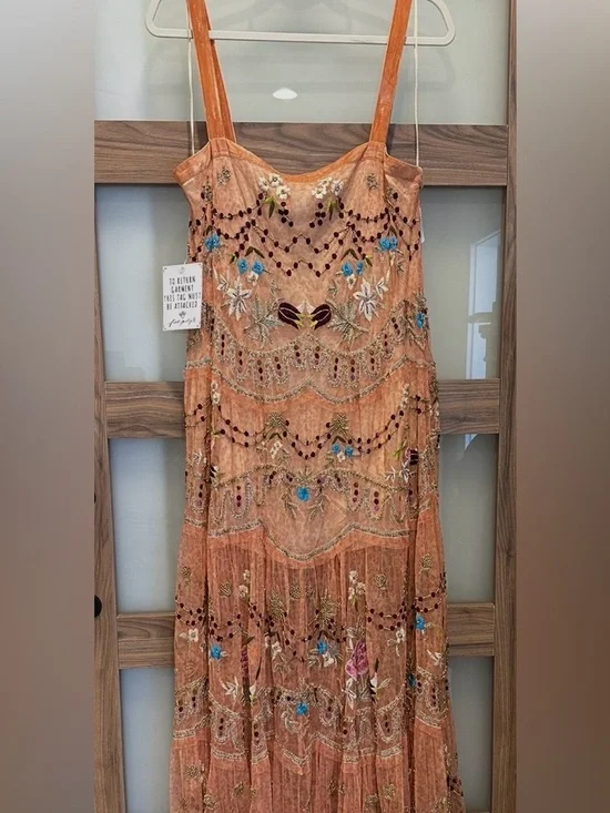 EXQUISITE Free People Peach Embroidered and beaded Maxi Dress - Picture 10 of 14